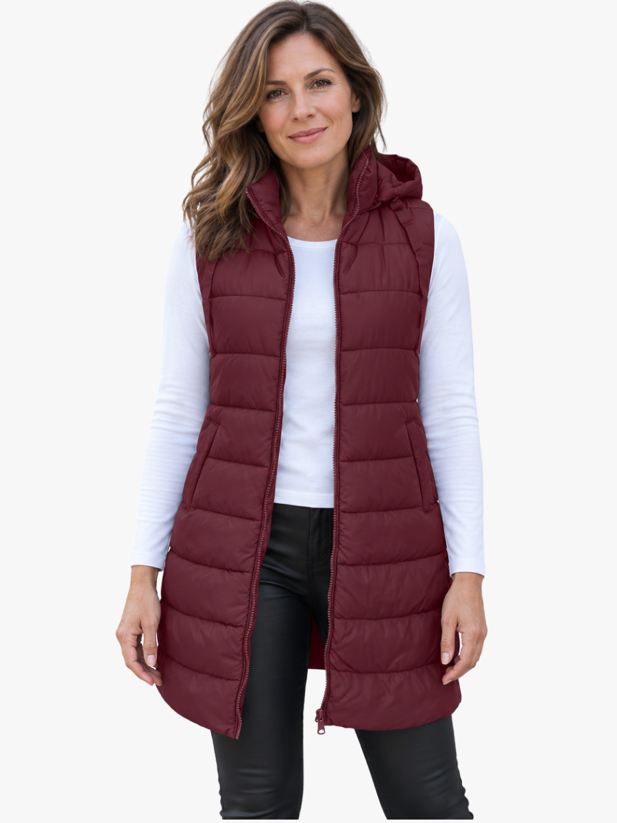 CÉLIANE | GILET LONG MATELASSÉ À CAPUCHE POUR FEMMES
