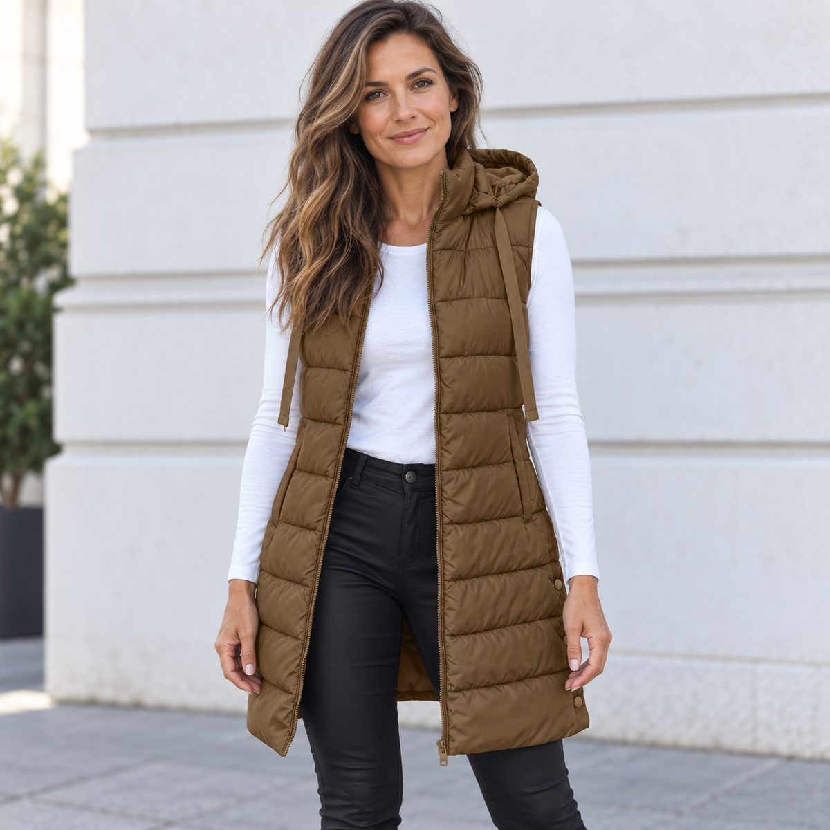 CÉLIANE | GILET LONG MATELASSÉ À CAPUCHE POUR FEMMES