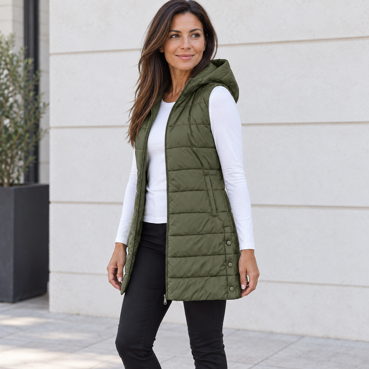 CÉLIANE | GILET LONG MATELASSÉ À CAPUCHE POUR FEMMES