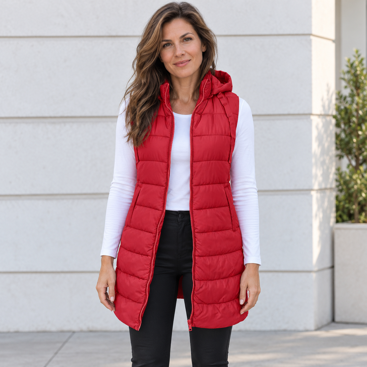 CÉLIANE | GILET LONG MATELASSÉ À CAPUCHE POUR FEMMES