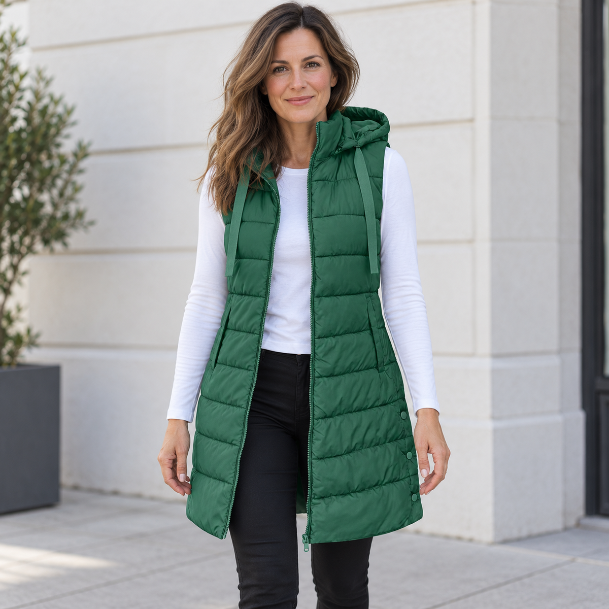 CÉLIANE | GILET LONG MATELASSÉ À CAPUCHE POUR FEMMES