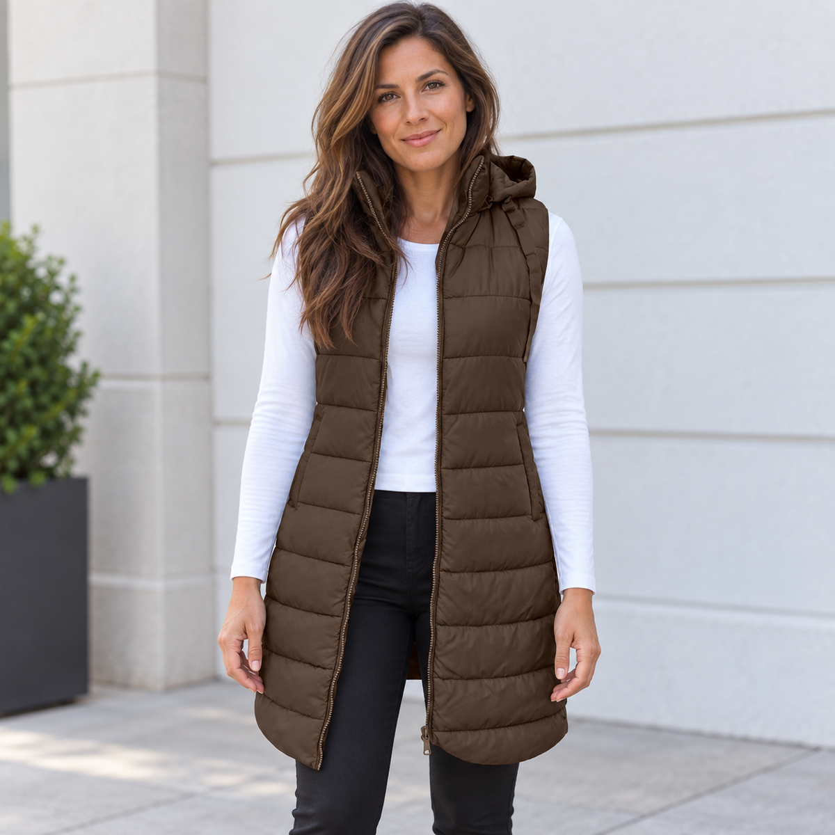 CÉLIANE | GILET LONG MATELASSÉ À CAPUCHE POUR FEMMES