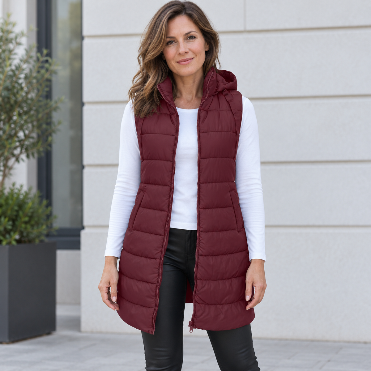 CÉLIANE | GILET LONG MATELASSÉ À CAPUCHE POUR FEMMES