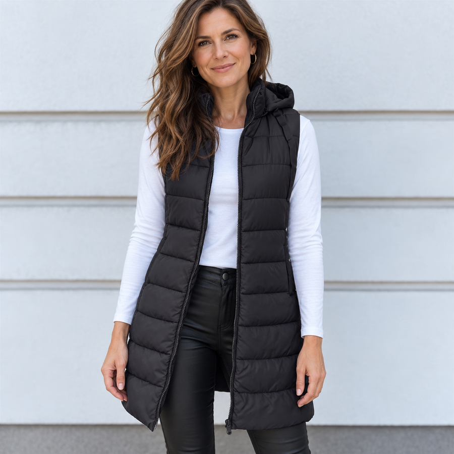 CÉLIANE | GILET LONG MATELASSÉ À CAPUCHE POUR FEMMES